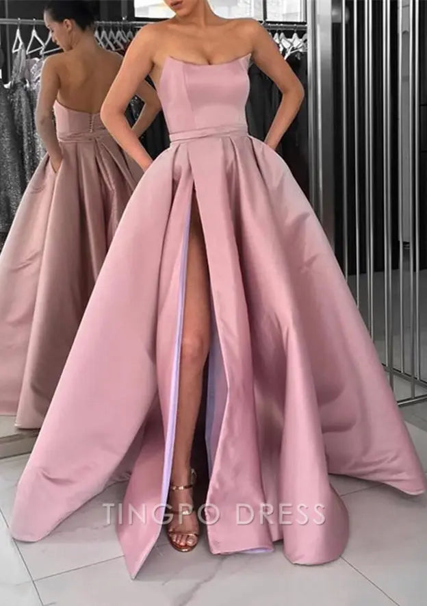 TingPo Wholesale Elegant A-line Square Neckline Long/Floor-Length Satin Prom Dress With Pockets Split